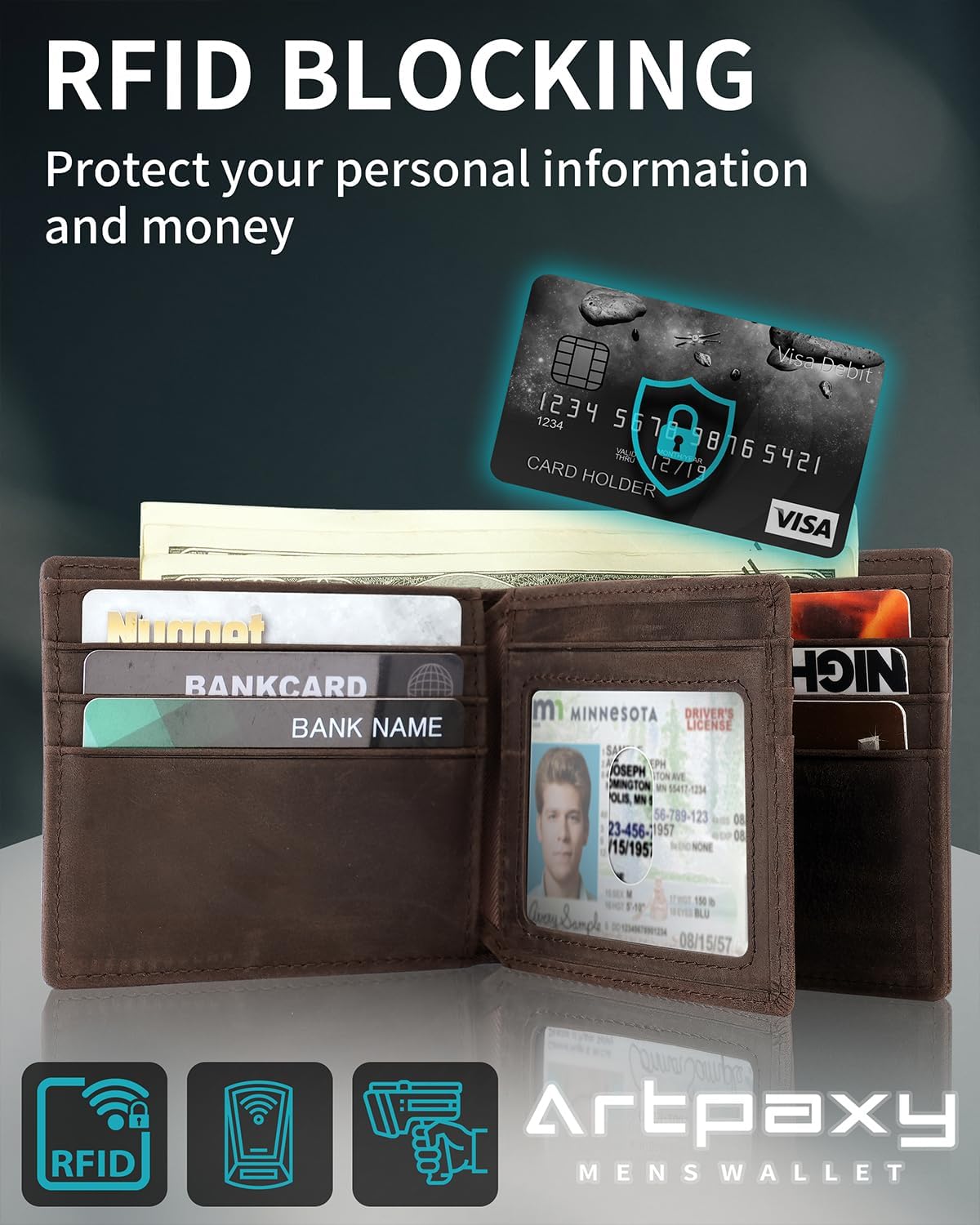 Mens Wallet With AirTag Holder, Bifold Leather RFID Blocking 1-2 ID Windows 12-13 Card Holders, Gift Box and Screen Protector Included, AirTag Not Included