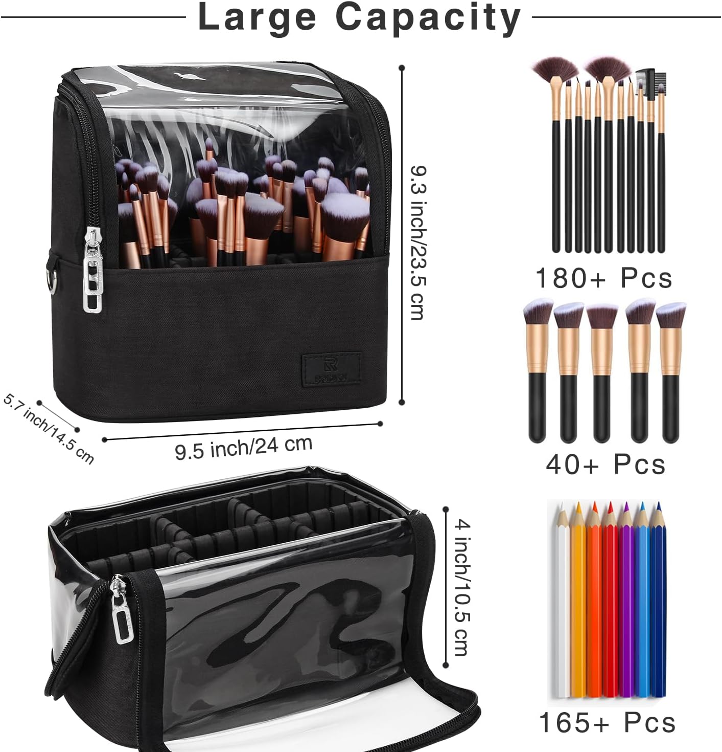 Makeup Brush Bag, Makeup Brush Holder Travel Stand-up Makeup Cup Large Makeup Brush Organizer Case Professional Cosmetic Bag Artist Storage Bag with Adjustable Divider (Large, Black)