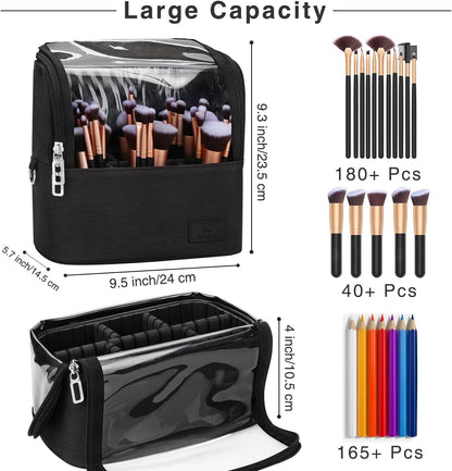 Makeup Brush Bag, Makeup Brush Holder Travel Stand-up Makeup Cup Large Makeup Brush Organizer Case Professional Cosmetic Bag Artist Storage Bag with Adjustable Divider (Large, Black)