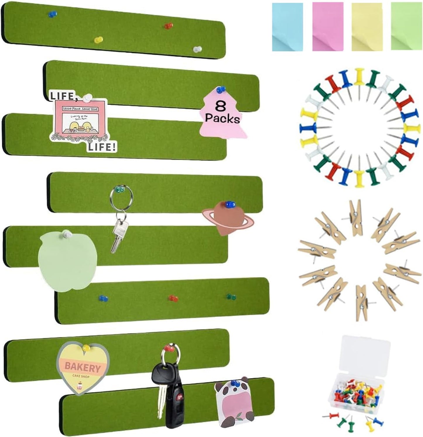 Vuzvuv 8 pcs Bulletin Board Bar Strips with 50 Pushpins & 10 Wooden Clip pins，Self Adhesive Cork Board for Wall，Felt Pin Board for School，Office Decor（Black White Grey）