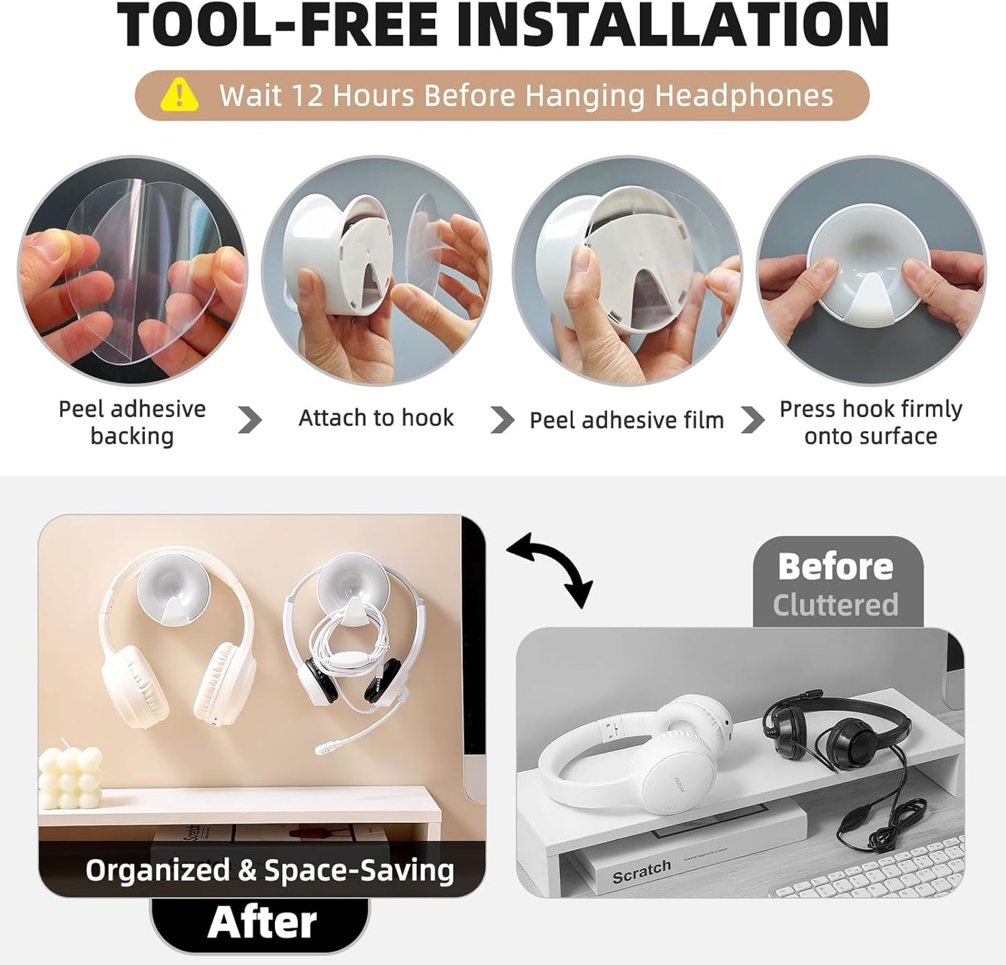 Headphone Holder Wall Mounted, Under Desk Adhesive Headphone Hook, White Gaming Headset Stand Hanger for Desk with Cable Hook, Fits Slim On-Ear & Over-Ear Headphones| Headband Width Up to 30mm