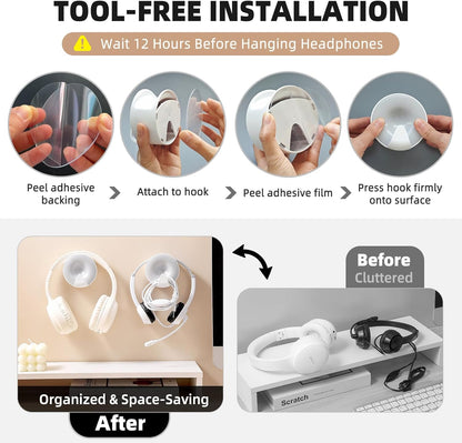 Headphone Holder Wall Mounted, Under Desk Adhesive Headphone Hook, White Gaming Headset Stand Hanger for Desk with Cable Hook, Fits Slim On-Ear & Over-Ear Headphones| Headband Width Up to 30mm