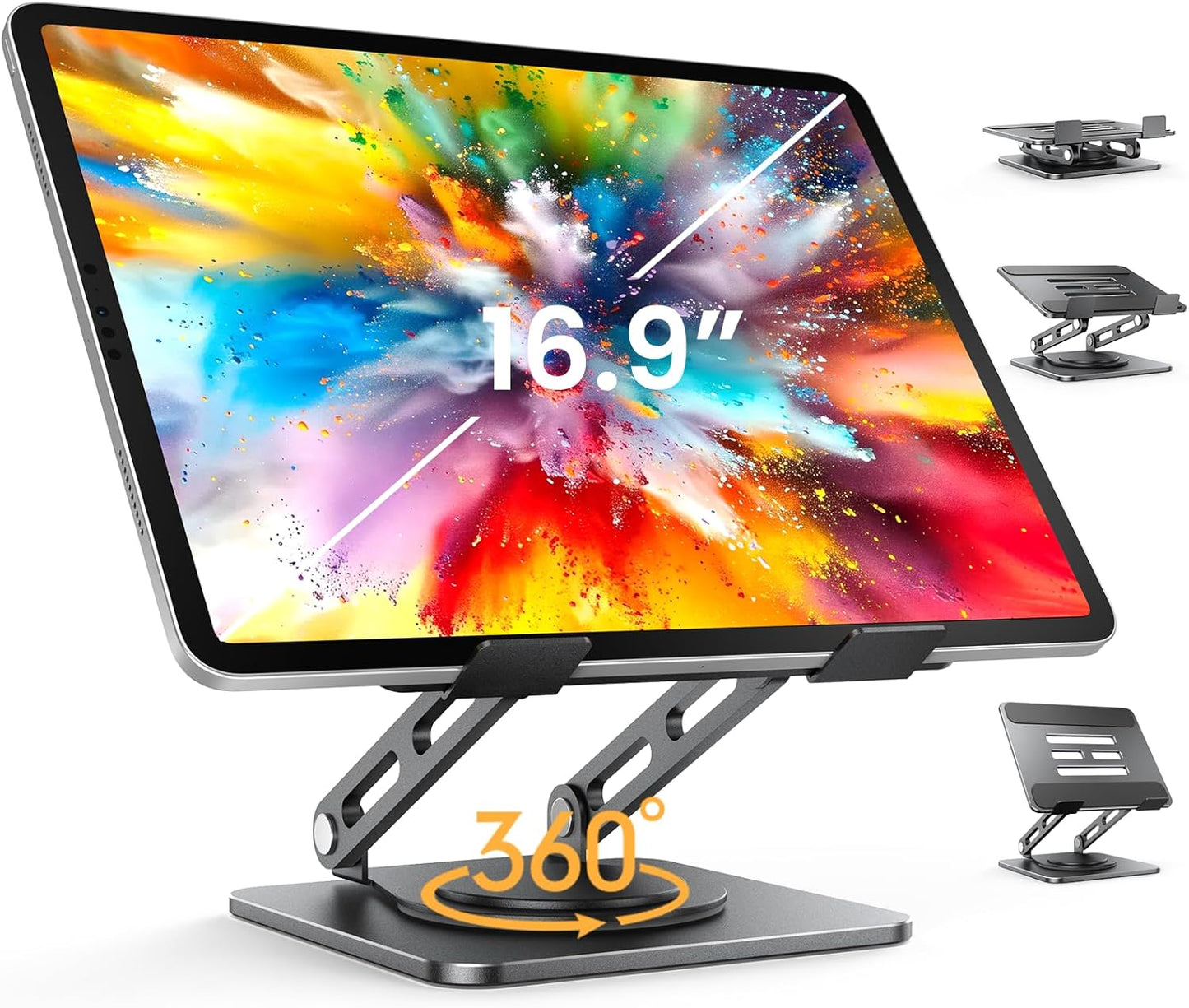 LOXP Adjustable Tablet Stand, 360 Rotating iPad Stand with Heavy-Duty Base, Tablet Holder Compatible with 4.7-16.9" Device, iPad Pro Air Mini, Kindle, Surface Tablet, Portable Monitors - Black