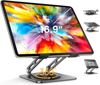 LOXP Adjustable Tablet Stand, 360 Rotating iPad Stand with Heavy-Duty Base, Tablet Holder Compatible with 4.7-16.9" Device, iPad Pro Air Mini, Kindle, Surface Tablet, Portable Monitors - Black