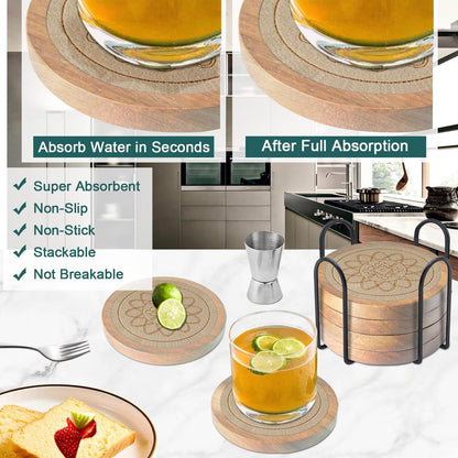 Wood Coasters for Drinks, Minacun Absorbent Coaster Sets of 5, Drinks Coasters for Coffee Tabletop Protection, Non-Slip, Non-Stick, Suitable for Kinds of Cups Wooden Table Drink, 4.3 Inches Black