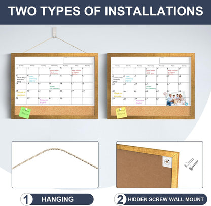 Calendar Whiteboard for Wall, TANKEE 17x13 Inches Whiteboard Calendar Cork Board Combo, Small Magnetic White Board with Wood Framed, Hanging Dry Erase Board for Kitchen Home Office School Planner