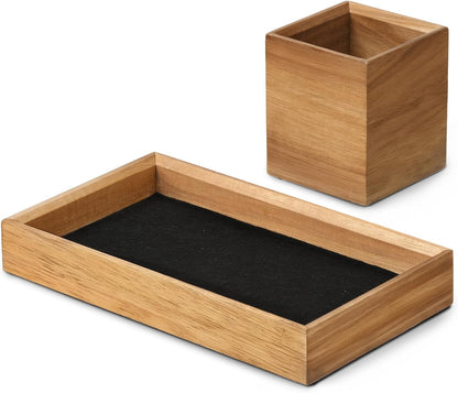 HULISEN Wooden Desk Organizer Tray with Pen Holder, Non-Slip Desk Tray and Pencil Holder Set with Felt Lined, Desktop Accessories for Home Office Workspace Organization