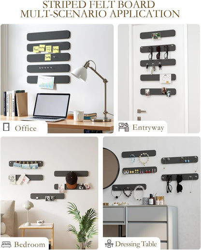 JBER Felt Strip Board 5 Pack 13"x2", Cork Board Alternative Pin Bulletin Board, Self-Adhesive Vision Board with 25 Push Pins for Walls, Office & Home Decor(Light Camel)