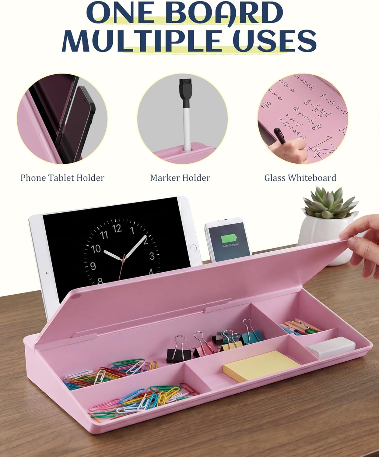 Glass Desktop Whiteboard, Dry Erase Board with Marker Holder, Computer Monitor Message Board and Desk Organizer for Home, Office and School Supplies (Pink)