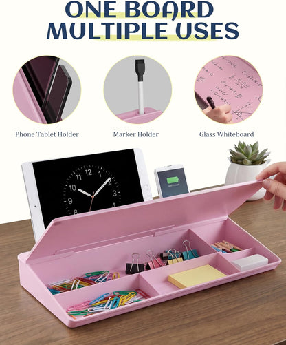 Glass Desktop Whiteboard, Dry Erase Board with Marker Holder, Computer Monitor Message Board and Desk Organizer for Home, Office and School Supplies (Pink)