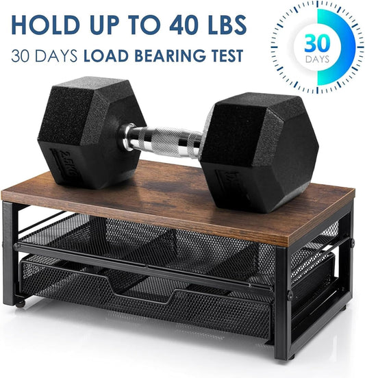 ARCOBIS Monitor Riser with Drawers and Pen Holders, Wood & Mesh Metal Computer Monitor Stand with Storage for Desk, Rustic Brown