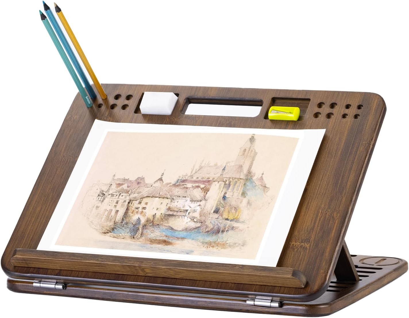 StrongTek Bamboo Table Easel, 16 x 12 Inch Adjustable Drawing Board, 6-Position Desktop Drafting and Sketching Board with Handle and Back Storage for Drawing, Painting, Reading and Writing