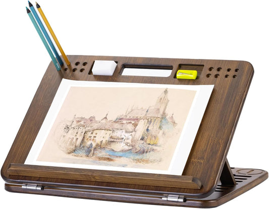 StrongTek Bamboo Table Easel, 16 x 12 Inch Adjustable Drawing Board, 6-Position Desktop Drafting and Sketching Board with Handle and Back Storage for Drawing, Painting, Reading and Writing