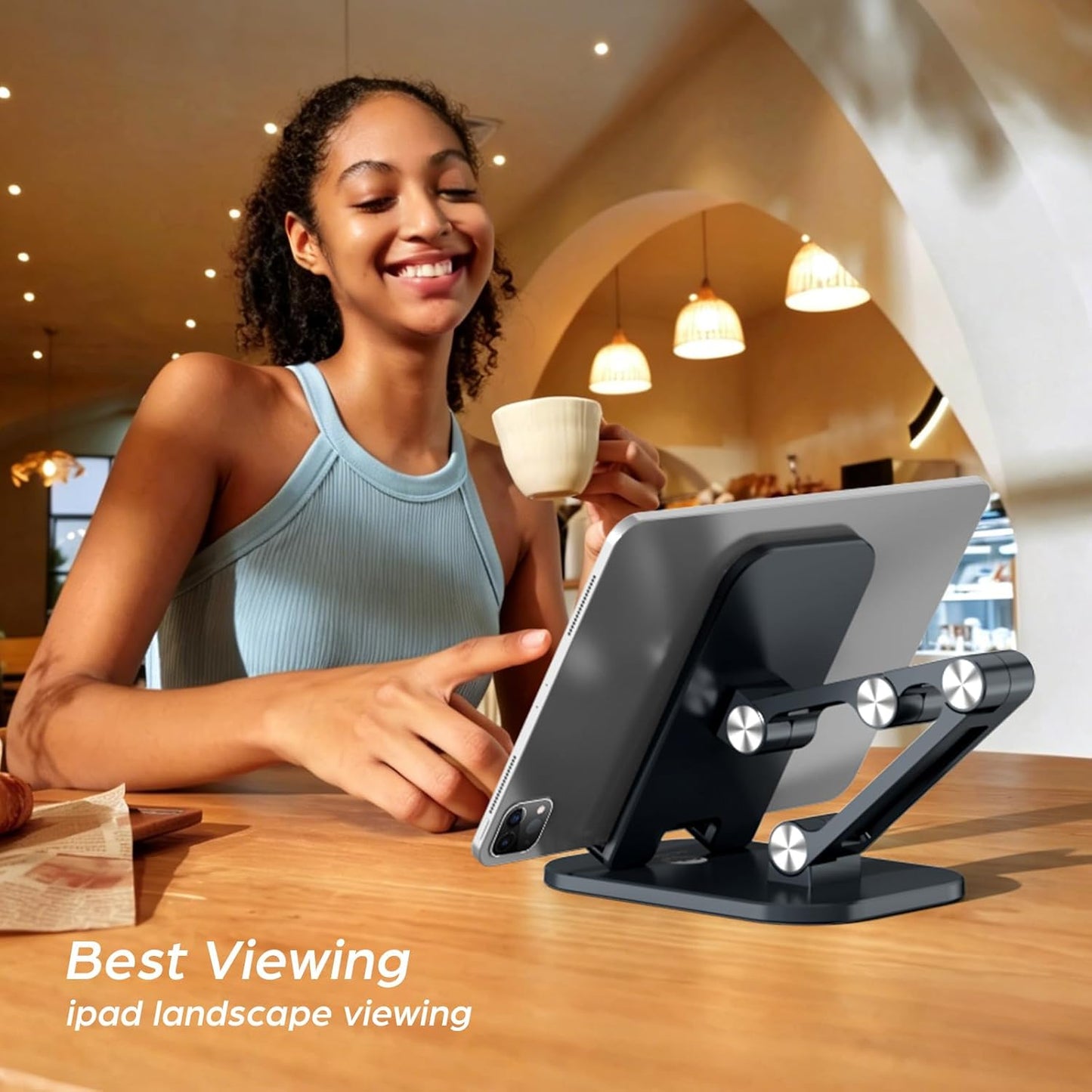 OCYCLONE Phone Stand, Cell Phone Stand Holder for Desk Office Accessories Adjustable Height and Angle Foldable iPhone Stand Compatible with 4"-13" All Phones iPad Tablet - Black