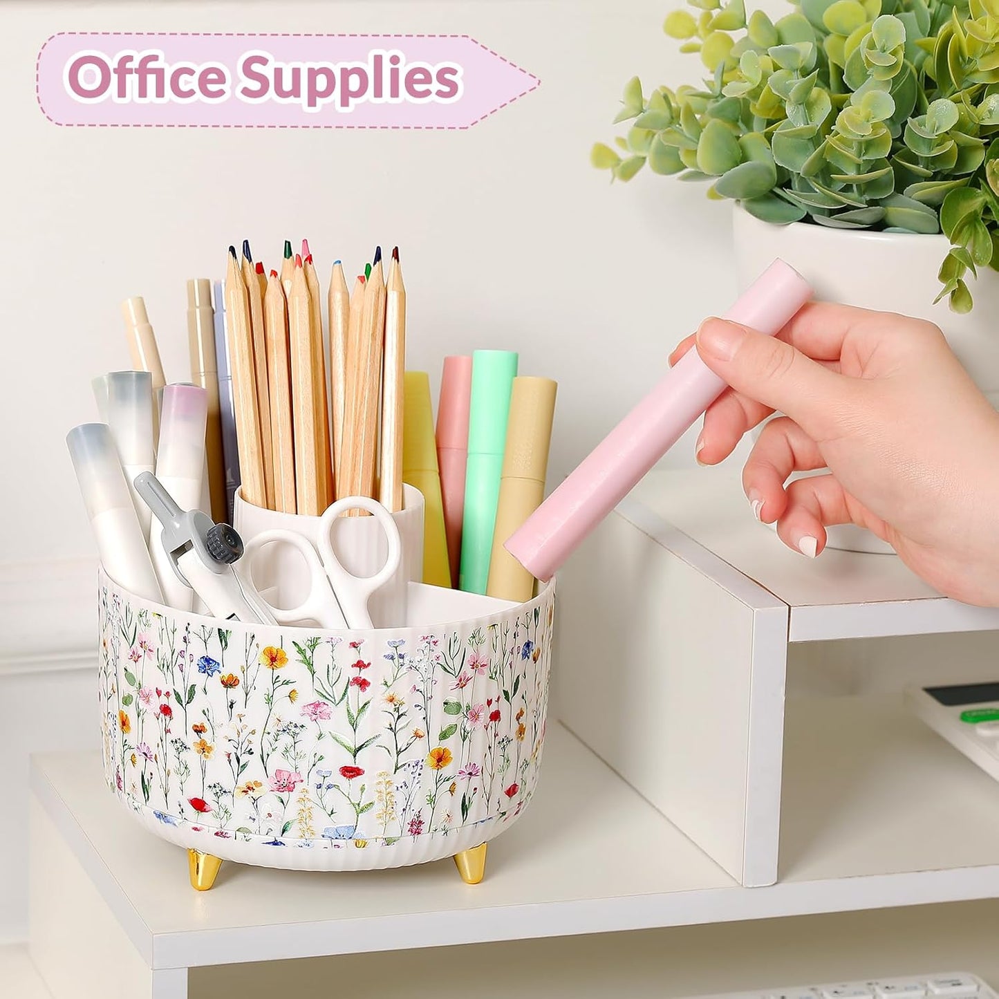 SKYDUE 360 Rotating Plastic Desk Pen Organizer with 5 Slots, Dual-Purpose Art Supply Pencil Cup for Office, School, Home