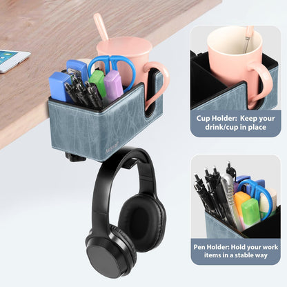 Desk Cup Holder Clip on Pen Holder Headphone Hanger Headset Stand Rotatable Clamp Hook Under Desk (Black)