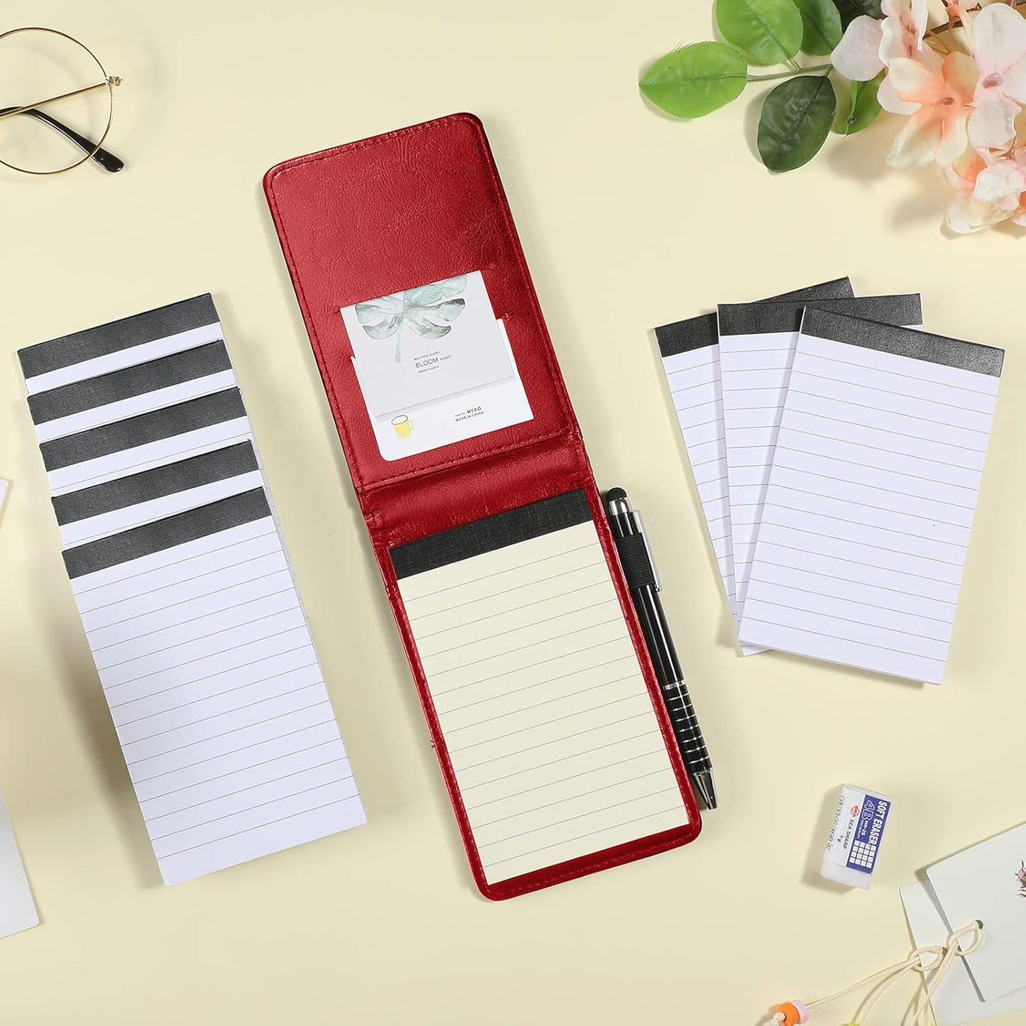 Outus 10 Pcs Mini Pocket Notepad Holder Set Included Small Leather Pocket Notebook Holder with 50 Lined Sheets, Metal Pen, 8 Pcs 3 x 5 Inch Memo Book Refills, 30 Lined Paper Per Note Pad (Black)
