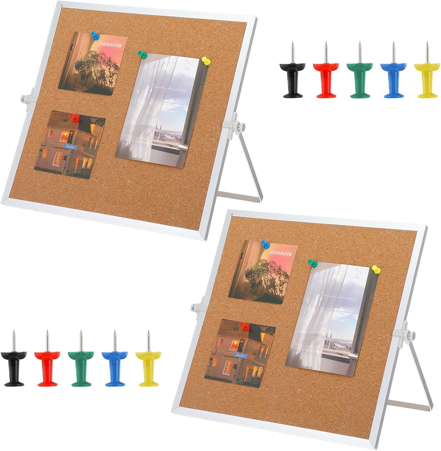 2 Pack Cork Board Bulletin Board, Double Sided Pin Board with Silver Aluminum Border, Desktop Small Cork Board with Stand Suitable for Home, Office, Desk Message Board or Picture Board 9.8"×9.8"
