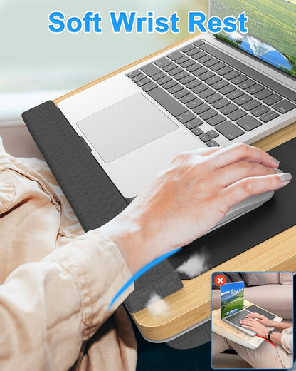 HETTHI Laptop Lap Desk, Portable Large Laptop Desk for Bed, Up to 17 Inch Lap Pad Tray with Wrist Rest, Mouse Pad, Tablet Phone Slot, Portable Handle, Cushion (Black)