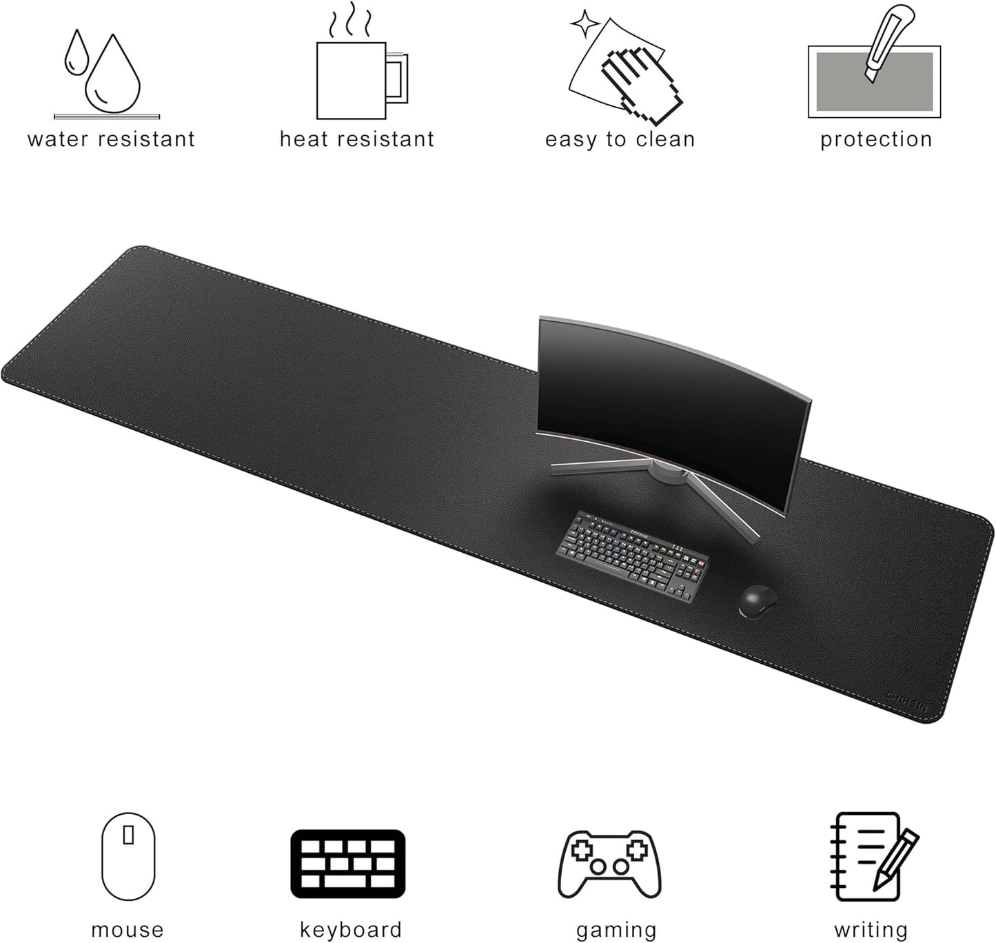 Chihein 2XL 35" x 16" Cork & PU Leather Desk Mat, Dual Sided Desk Pad Protector, Waterproof Writing Blotter for Gaming, Office, Home (Black)