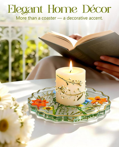 Oqplog Resin Drink Coaster for Desk Coffee Table-Pink White Cute Dried Flowers Cup Coaster for Work Office Home Outdoor Decor Gifts for Girls Women,1 Pcs Wave