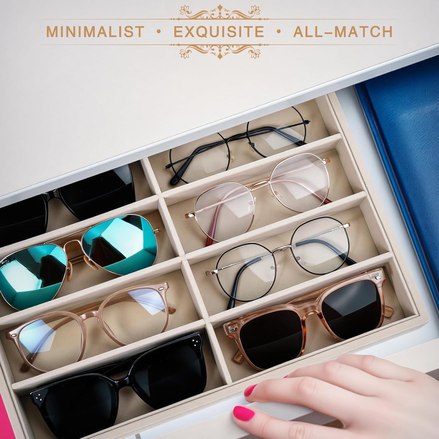 Emibele Glasses Organizer Jewelry Tray, 8 Grids with Clear Lid Velvet Tray Watch Storage Stackable Jewelry Showcase Display Storage with Detachable Inner Dividers, Beige