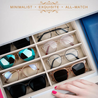 Emibele Glasses Organizer Jewelry Tray, 8 Grids with Clear Lid Velvet Tray Watch Storage Stackable Jewelry Showcase Display Storage with Detachable Inner Dividers, Beige