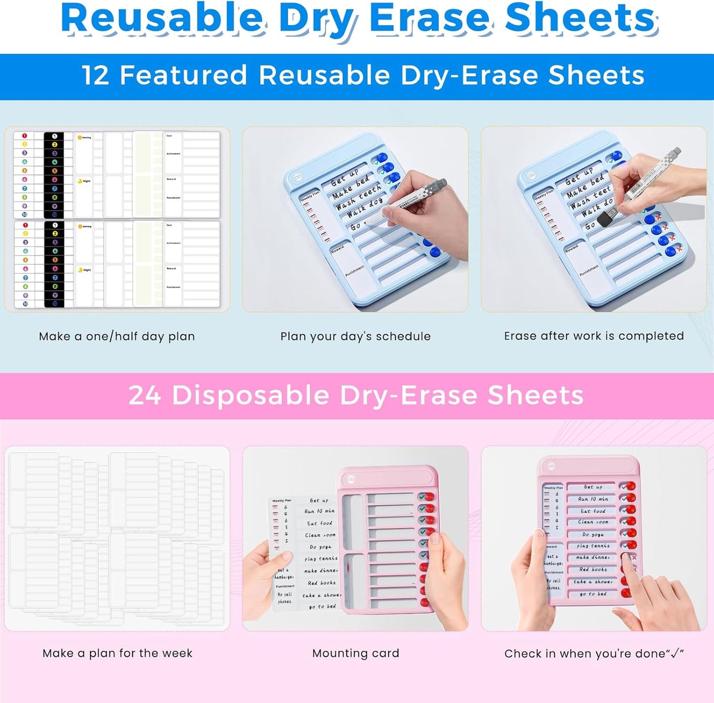 Chore Chart for Kids, Checklist Planning Board with Sliders, 19 Personalizable Sheets and Magnetic Marker, ADHD Tools for Kids to Do List Routine Chart Visual Schedule Board with Stand