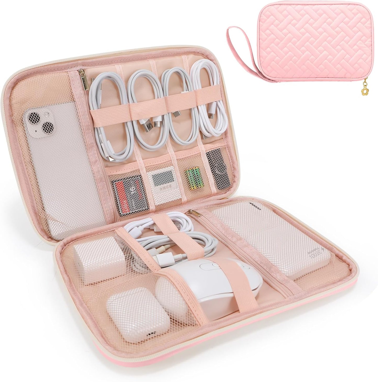Electronics Organizer Travel Case, Charger Bag Cord Organizer Travel, Compact Tech Pouch Cable Organizer Bag for Charger, Cords, Phone, Headphones, Flash Drive, SD Card (Pink, Small-Double Layer)