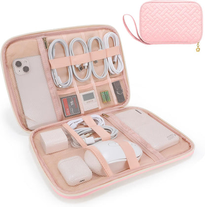 Electronics Organizer Travel Case, Charger Bag Cord Organizer Travel, Compact Tech Pouch Cable Organizer Bag for Charger, Cords, Phone, Headphones, Flash Drive, SD Card (Pink, Small-Double Layer)