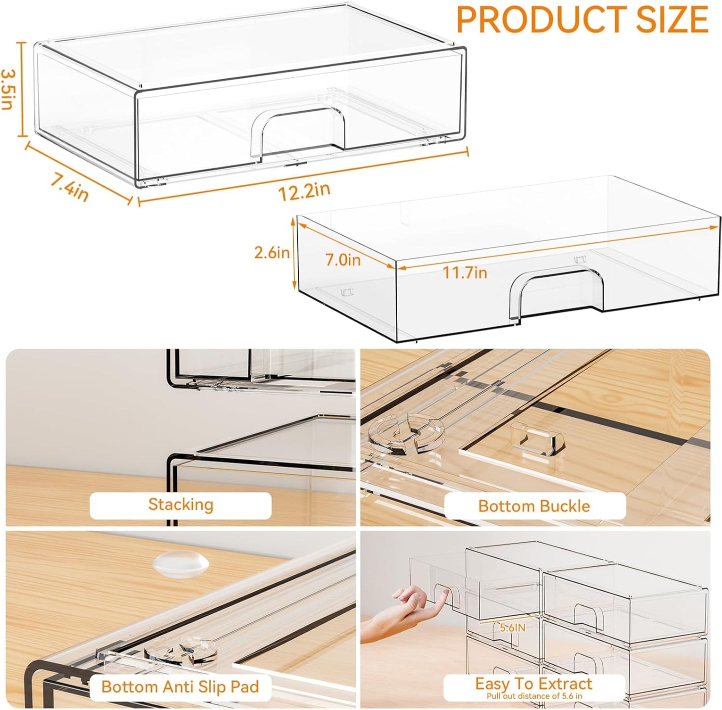Yieach 8 Pack Small Clear Stackable Storage Drawers,2.2'' Tall Desk Organization and Storage,Plastic Office Supply Organizer,Acrylic Storage Containers for Makeup,Hair Clip,Accessory,Pen,Art Crafts