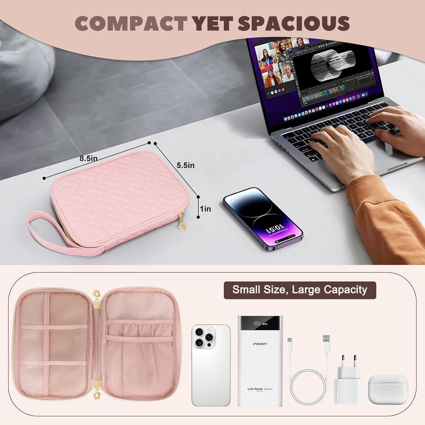Electronics Organizer Travel Case, Charger Bag Cord Organizer Travel, Compact Tech Pouch Cable Organizer Bag for Charger, Cords, Phone, Headphones, Flash Drive, SD Card (Pink, Small-Double Layer)