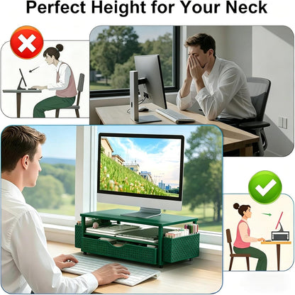 Spacrea Desk Organizer and Accessories, Computer Monitor Stand Riser with Drawer and 2 Pen Holders, Office Desk Accessories & Workspace Organizers for Office Supplies (Wood)