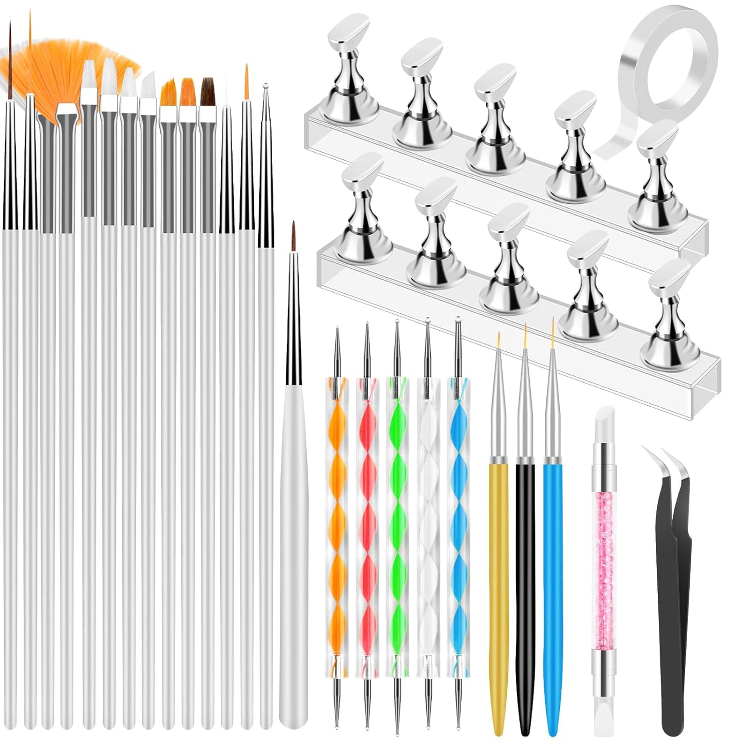 YOOVR Nail Art Tools Set, Nail Stand for Press on Holder for Painting Nails, Nail Art Brushes, Liner Brushes, Nail Dotting Tool, Must Haves Design Tools Supplies Kit for Nail Tech & Beginners (Pink)