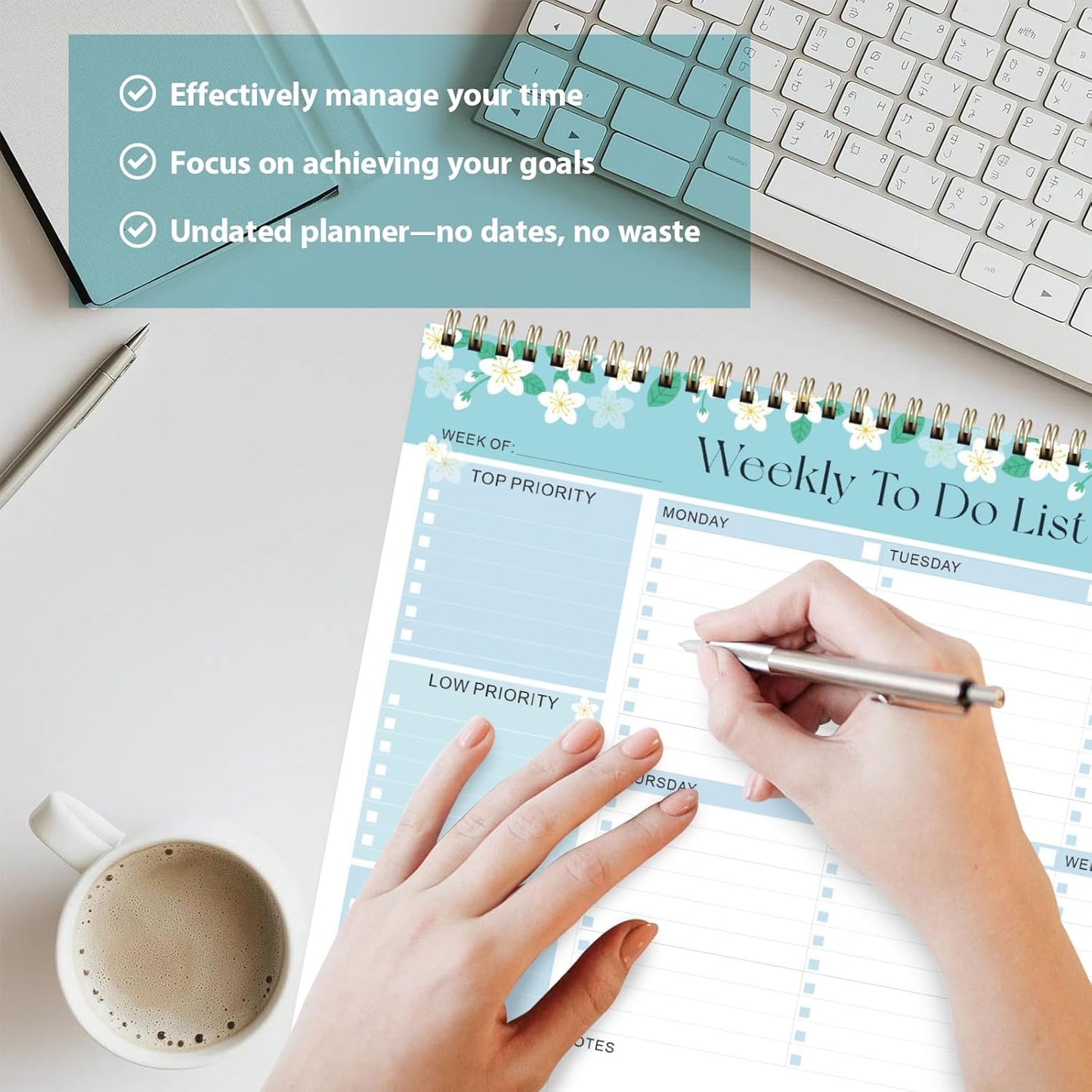 Weekly To Do List Notepad, Undated Planner with 52 Sheets (8.5''x11''), Desk Weekly Planner for Women & Man, Home School & Work