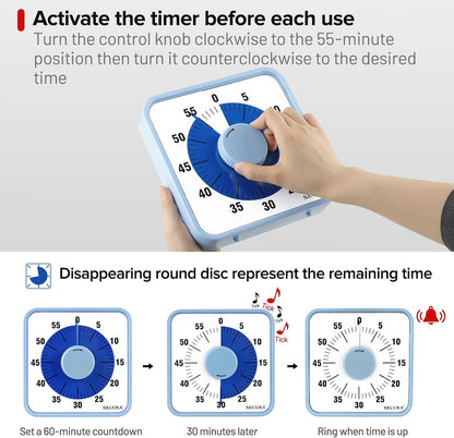 Secura 60-Minute Visual Countdown Timer, 7.5-Inch Oversize Classroom Visual Timer for Kids and Adults, Durable Mechanical Kitchen Timer Clock with Magnetic Backing (Blue)