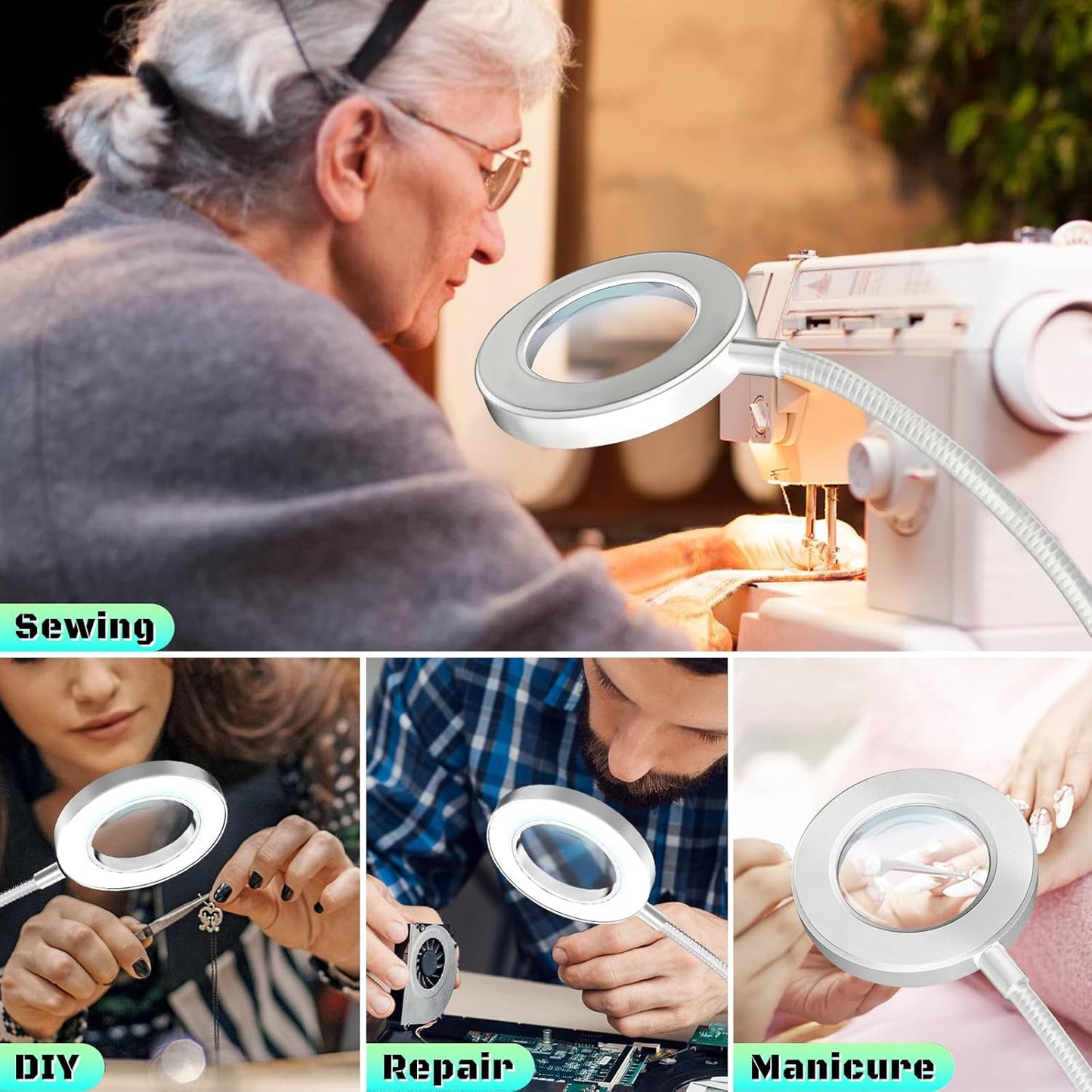 10X Magnifying Glass with Light, Clip on Mganifier with Light, 48 LED Desk Magnifying Glass wtih Clamp, 3 Modes Dimmable Magnifying LED Lamps for Bed Work Crafts DIY Repair
