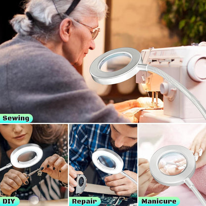 10X Magnifying Glass with Light, Clip on Mganifier with Light, 48 LED Desk Magnifying Glass wtih Clamp, 3 Modes Dimmable Magnifying LED Lamps for Bed Work Crafts DIY Repair