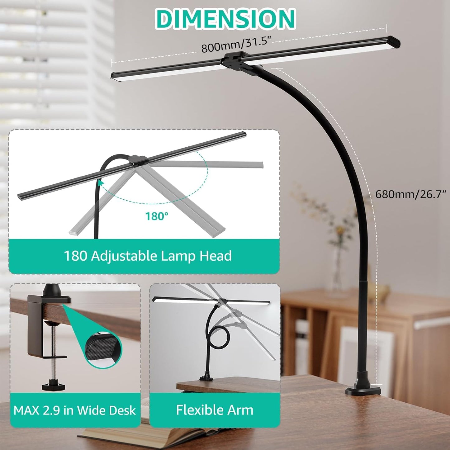 ShineTech LED Desk Lamp for Home Office, Ultra Bright Clamp Light with Flexible Gooseneck, 25 Lighting Modes, Eye-Caring Architect Lamp for Dual Monitors, Reading & Gaming Setup
