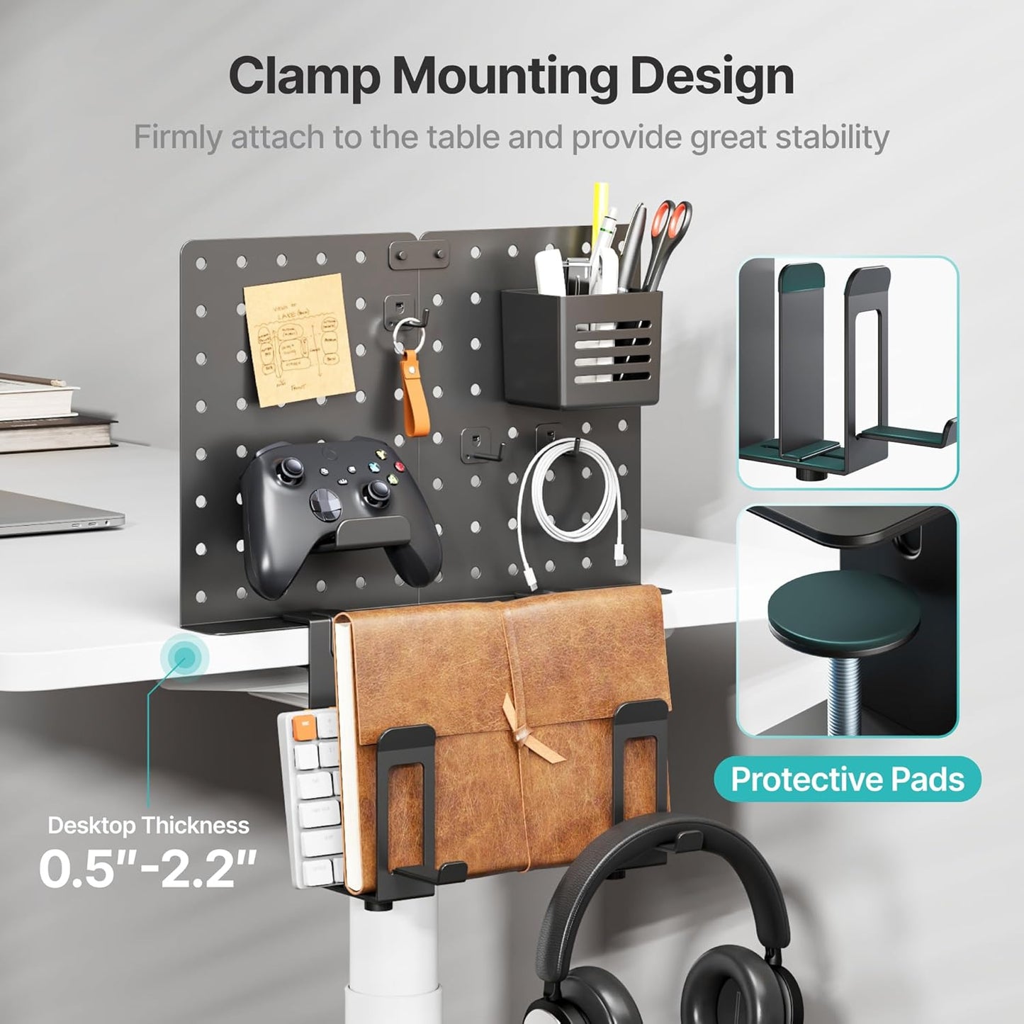 PEGZONE Desk Side Storage, 2-Slot Under Desk Laptop Holder, Vertical Laptop Stand with Headphone Holder and Pegboard Accessories, Desk Organizer for Office Gaming, Black