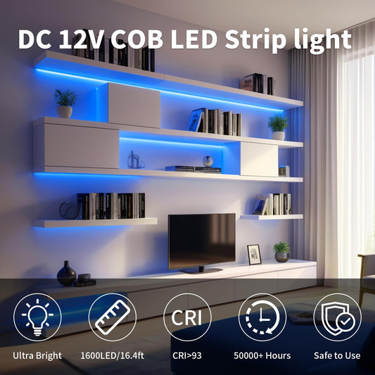 32.8FT/10M Blue COB LED Strip Light, 3200LEDS LED Tape Lights, High Bright CRI93+ Flexible Dimmable Light Strip for Bedroom TV Backlight Monitor Gaming Room Bar Decor(with Plug)