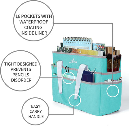 JJRING Craft Organizer Tote Bag for Art Storage, Caddy with Multiple Pockets, Bluish Green Sewing Bag for Scrapbooking, School, Medical, and Office Supplies