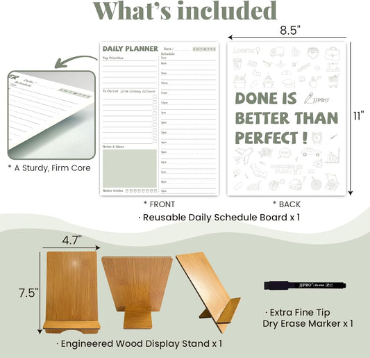 JJPRO Reusable Desktop Daily Planner with Stand,Reusable Time Schedule Board,11"x8.5" Hourly Schedule Dry Erase Board with Time Slots,Desk Hourly Dry Erase Board w/Engineered Wood Stand-Sage Green