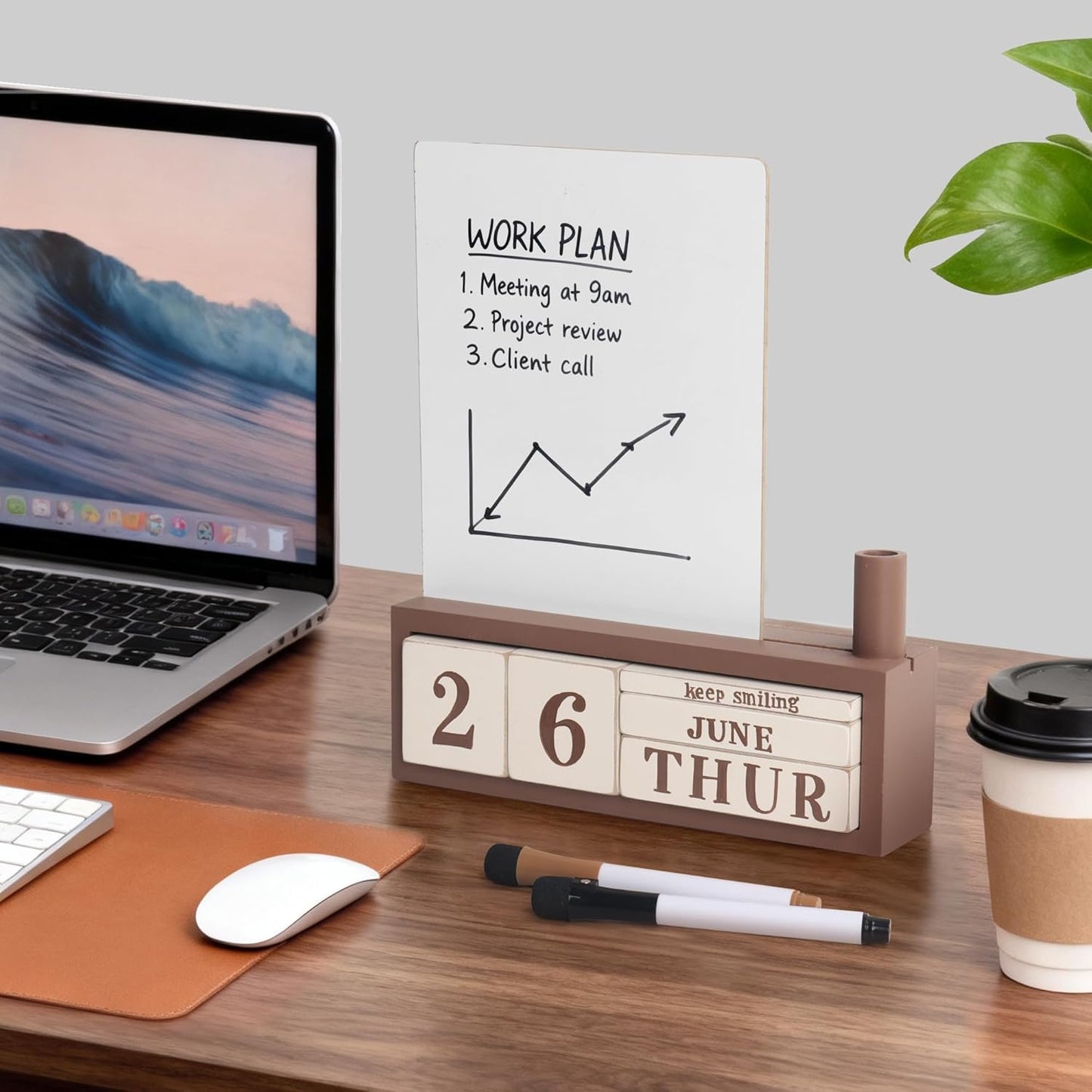 SELEAD Wooden Block Desk Calendar with Chalk Board - Daily Desktop Perpetual Calendar Words Sign Quotes for Home Office Classroom Decor, Teachers Students - Black
