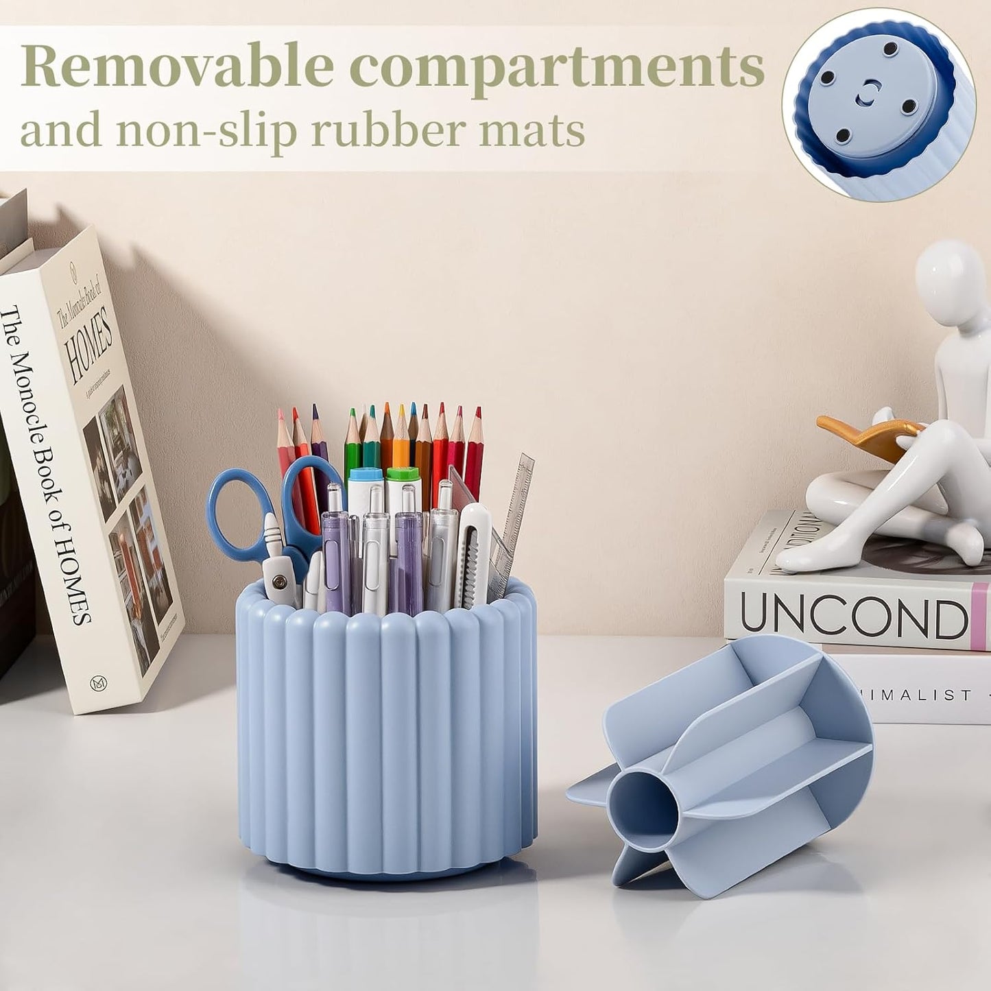 Anyoifax 360° Rotating Pen Holder 7 Slots Desk Organizer Removable Pencil Cup Plastic Art Supplies and Accessories Desktop Storage Box Caddy for Office, School, Home (White)