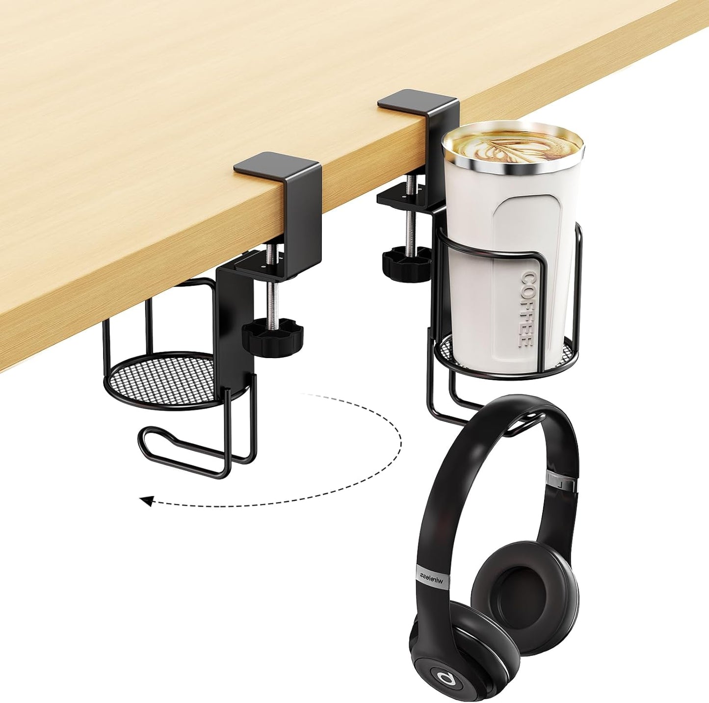 CABTE 2 in 1 Desk Cup Holder with Headphone Hanger Holder, Anti-Spill Clip-On Table Cup Hook with 360° Rotation for Lawn Chair, Office Home Gaming Table (1 Pack)