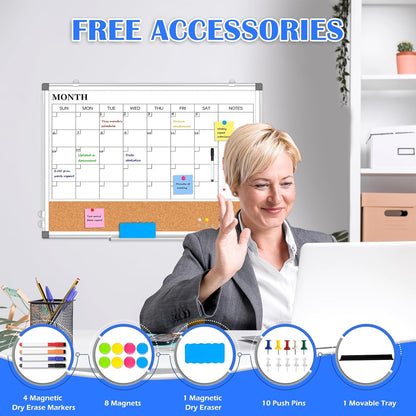 Weekly Dry Erase Calendar Whiteboard for Wall, 24" x 18" Double-Sided Weekly Planner White Board Cork Combo, Hanging & Wall Mount Week Bulletin Board with Notes for Home, Office, School, Kitchen
