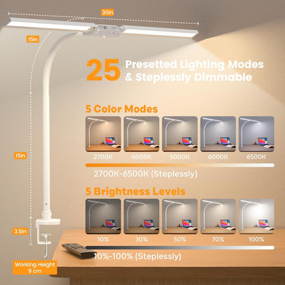 SIBRILLE LED Desk Lamp for Home Office - Dimmable Computer Desk Light with Clamp, Modern Architect Task Lamp with Color Changing, Flexible Desktop Lamp with Gooseneck for Monitor, Double Head, White