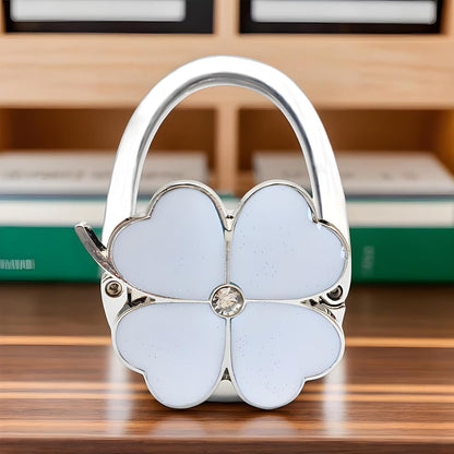 Purse Hook for Table, Clover Design Foldable Purse Holder for Table, Portable Bag Holder - Folding Handbag Hanger | Hangs Almost Anywhere(White)