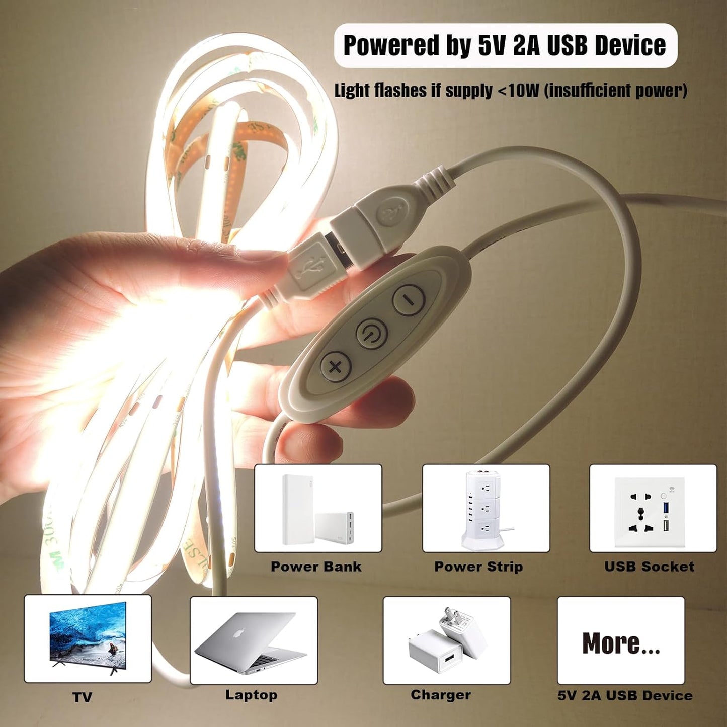 USB Light Strip Warm White 3000K CRI 92+ Small Dimmable COB LED Strip Light Cuttable 5V USB Powered 6 ft 10W for TV Backlight Cabinet Bedroom Indoor DIY Lighting Project
